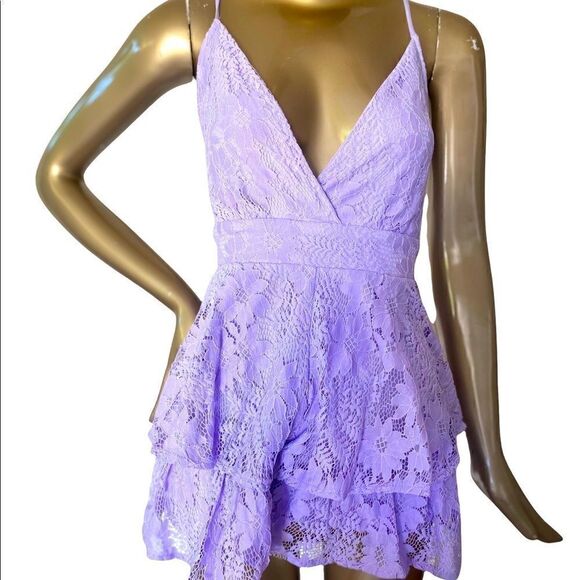 Lavender formal romper / mini dress. Stretch lace, adjustable steamed NWT - Picture 3 of 15